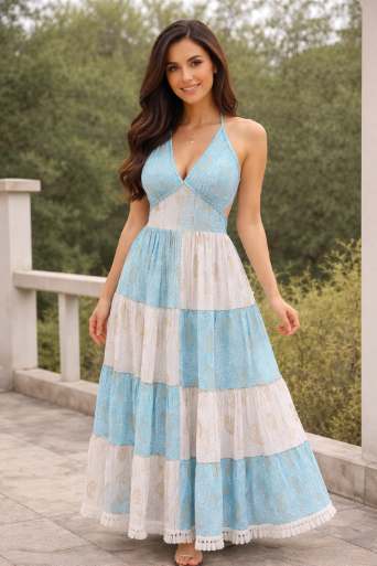 26411 Bohemian Patchwork Halter Maxi Dress – Tiered Printed Resort Dress