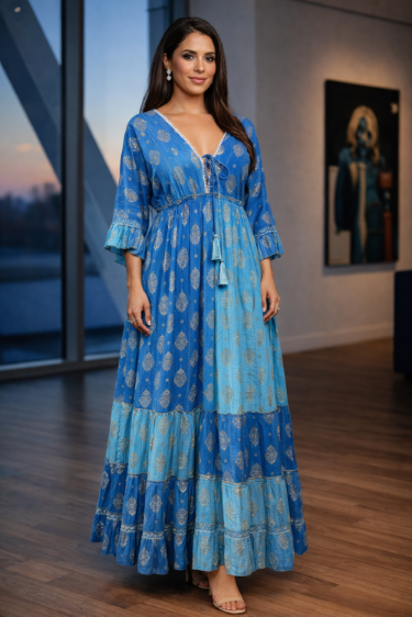 26413  Bohemian Tiered Maxi Dress with Gold Foil Print – Elegant Summer Resort Dress