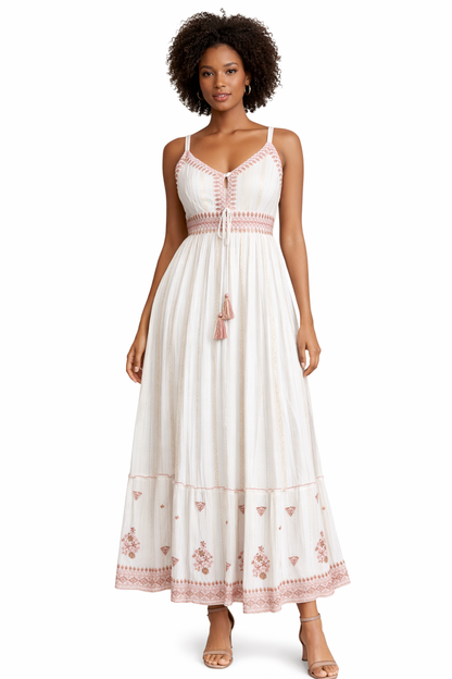 26416 Embroidered Cotton Maxi Dress with Tassel Tie – Boho Summer Dress