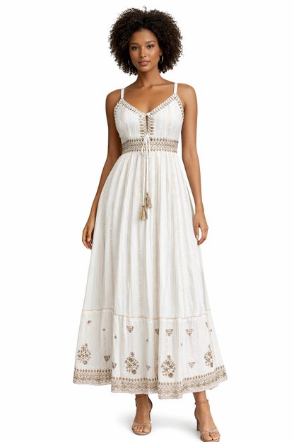 26416 Embroidered Cotton Maxi Dress with Tassel Tie – Boho Summer Dress