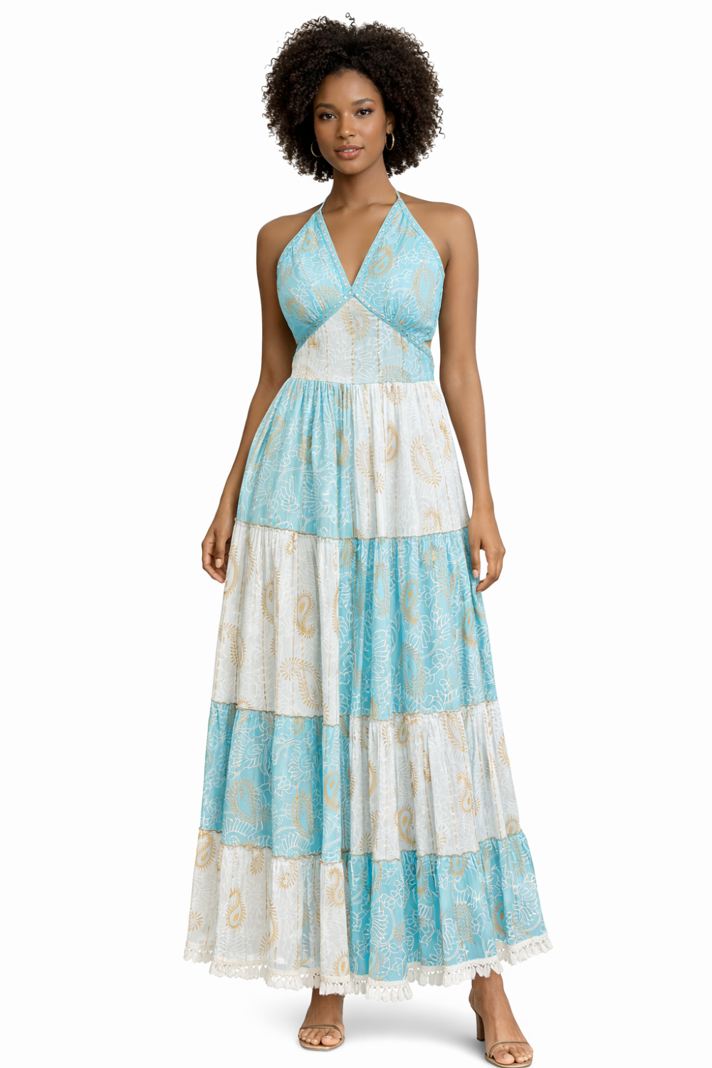26411 Bohemian Patchwork Halter Maxi Dress – Tiered Printed Resort Dress