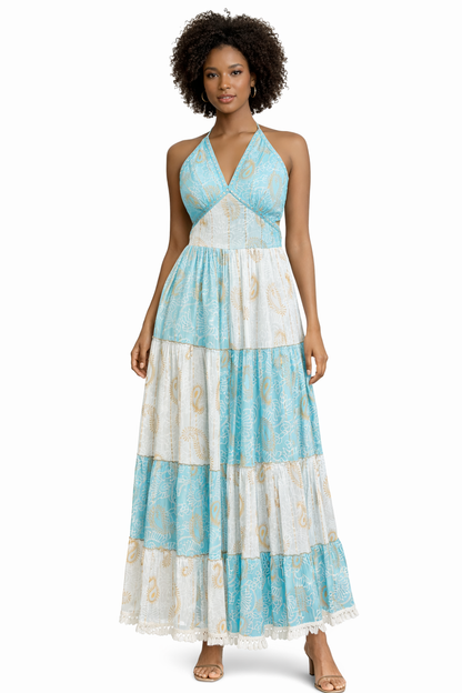 26411 Bohemian Patchwork Halter Maxi Dress – Tiered Printed Resort Dress