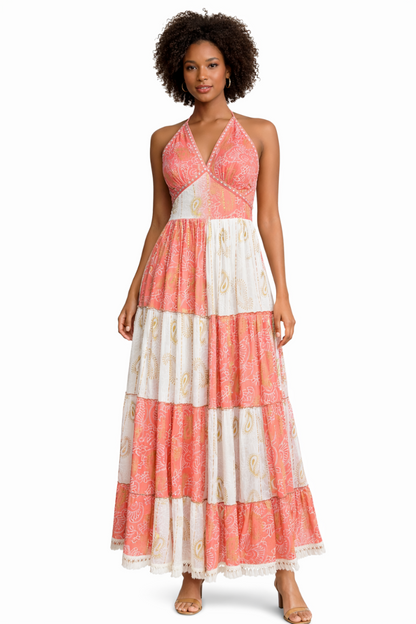 26411 Bohemian Patchwork Halter Maxi Dress – Tiered Printed Resort Dress