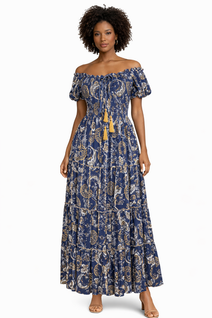 26418 Bohemian Paisley Maxi Dress – Smocked Bodice Tiered Long Dress