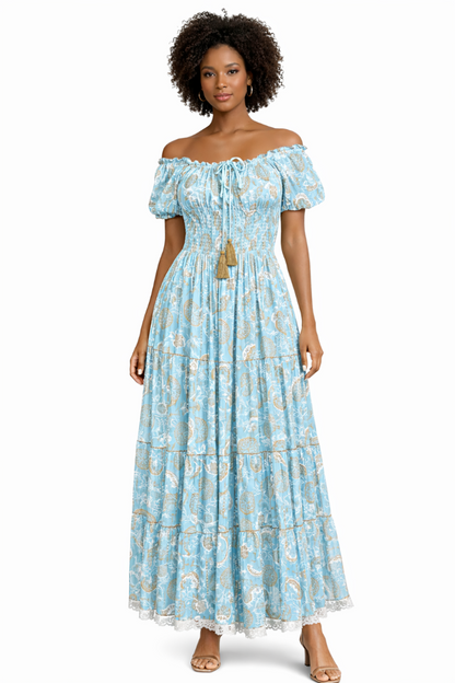 26418 Bohemian Paisley Maxi Dress – Smocked Bodice Tiered Long Dress