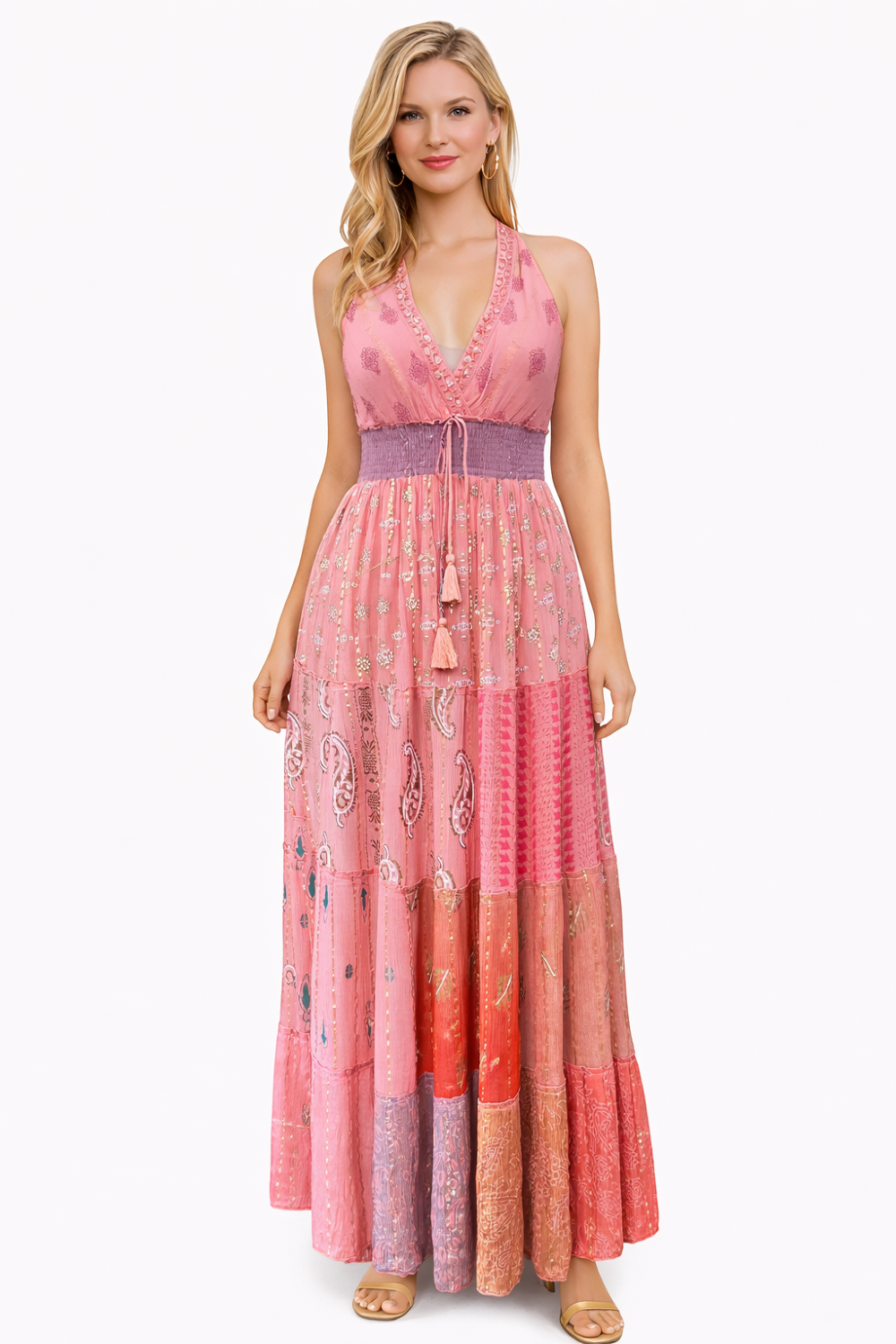 26427  Bohemian Patchwork Halter Maxi Dress – Pink Multi Print