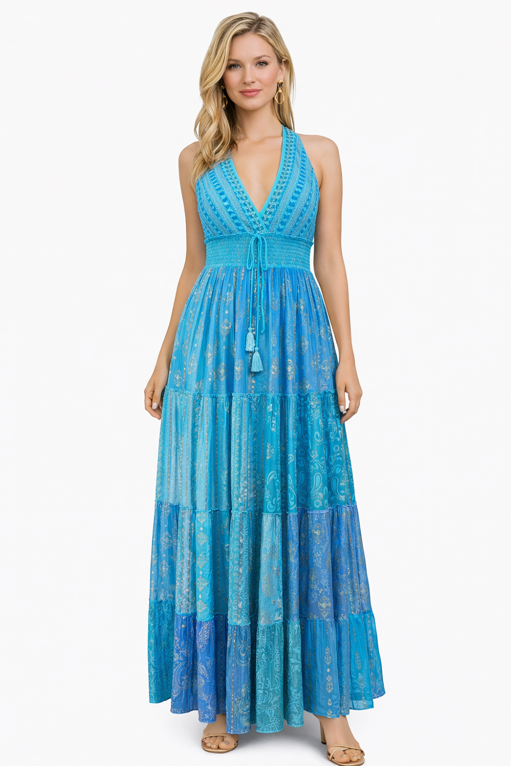 26427  Bohemian Patchwork Halter Maxi Dress – Pink Multi Print