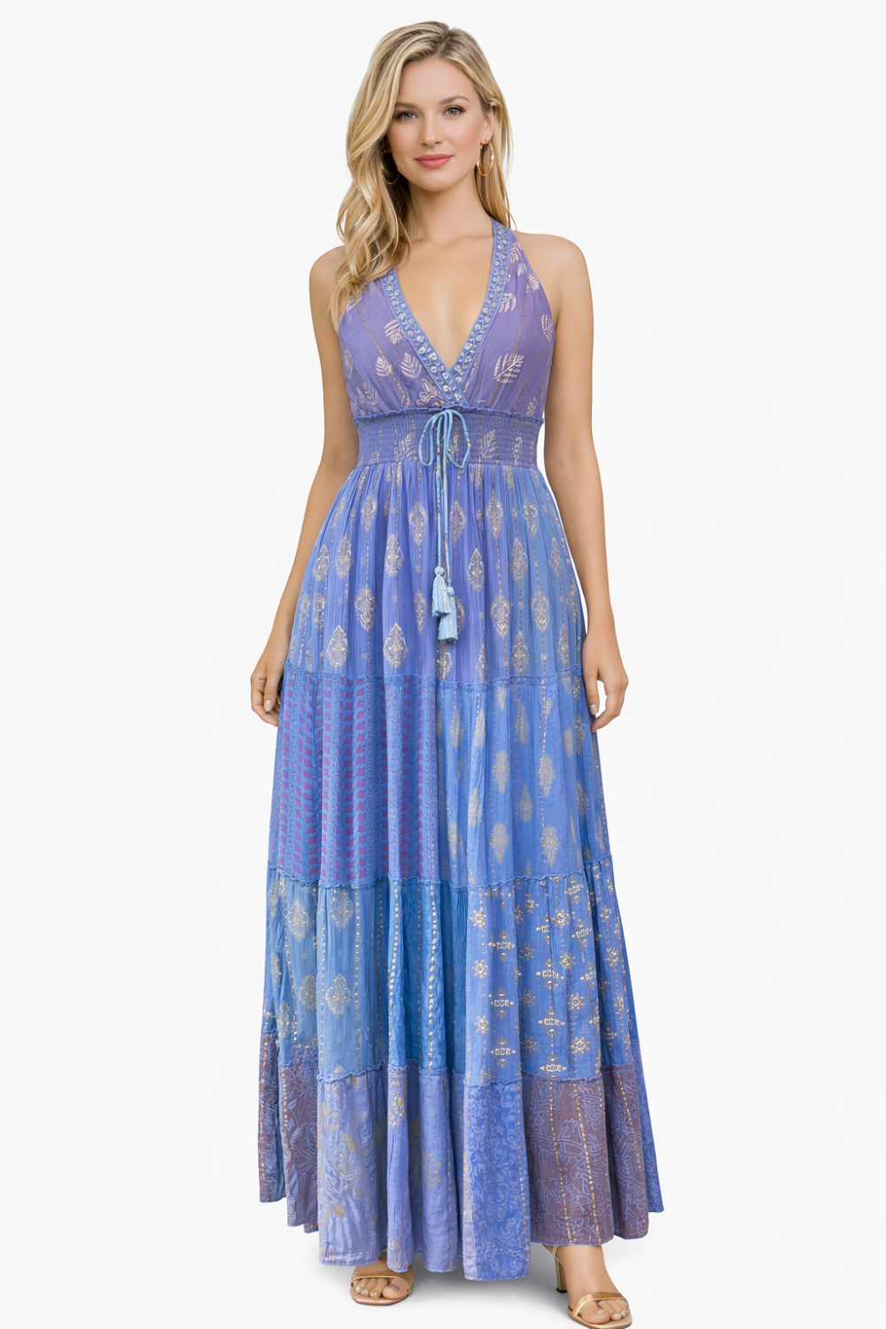 26427  Bohemian Patchwork Halter Maxi Dress – Pink Multi Print