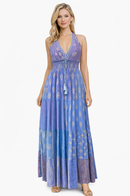 26427  Bohemian Patchwork Halter Maxi Dress – Pink Multi Print