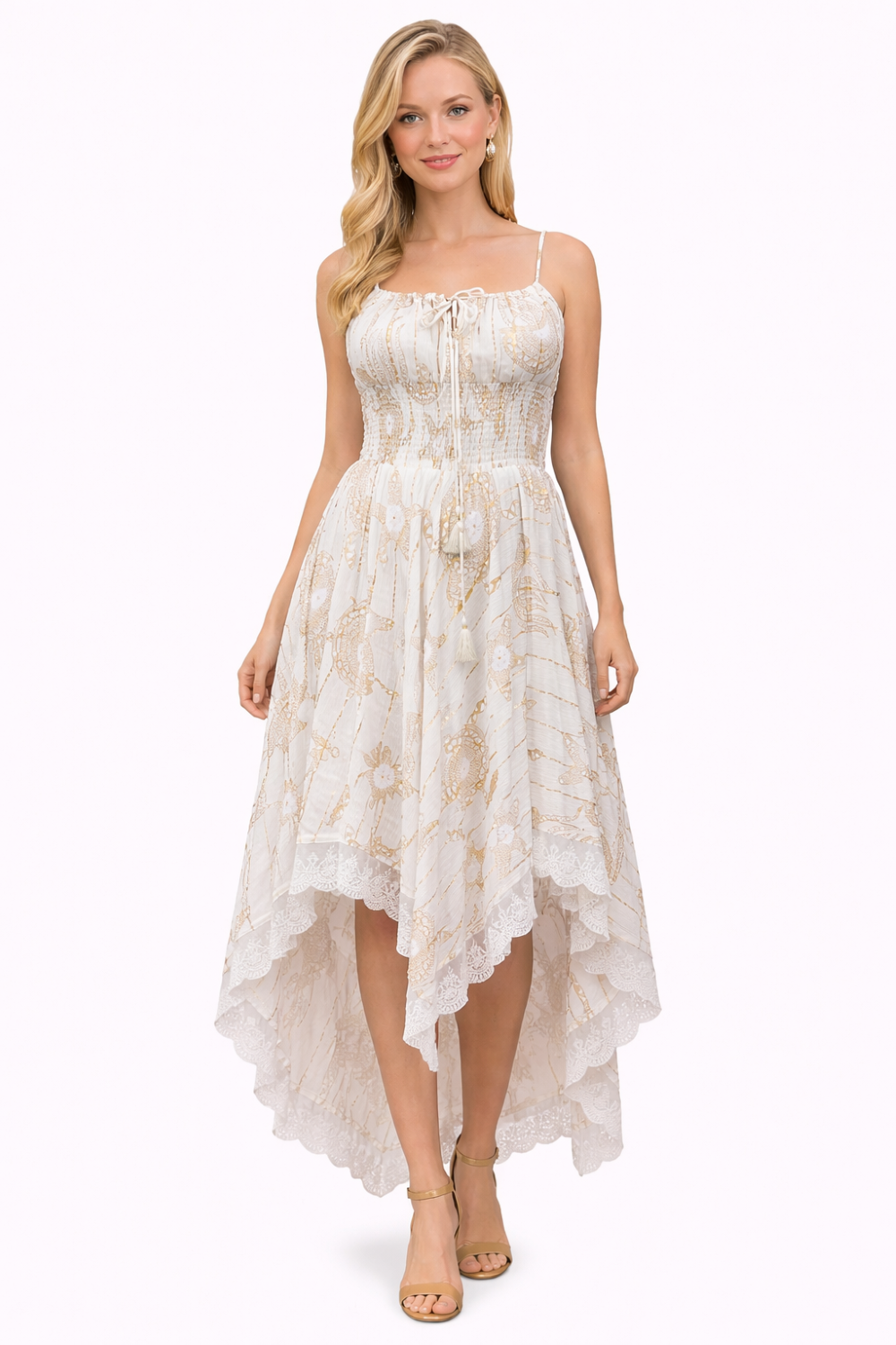 26429  Bohemian Asymmetrical Lace Hem Dress –  Gold Celestial Print