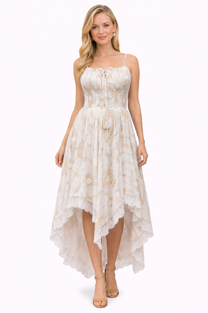 26429  Bohemian Asymmetrical Lace Hem Dress –  Gold Celestial Print