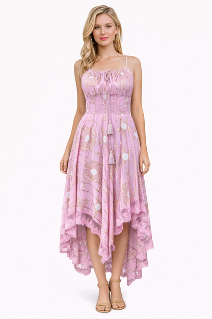 26429  Bohemian Asymmetrical Lace Hem Dress –  Gold Celestial Print