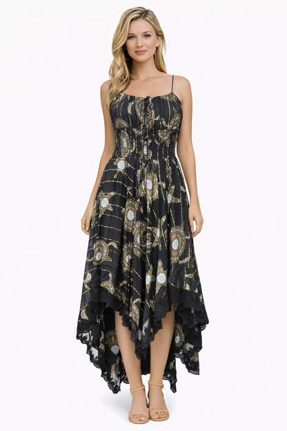 26429  Bohemian Asymmetrical Lace Hem Dress –  Gold Celestial Print