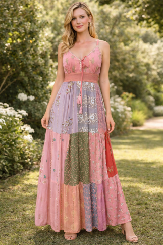 26428  Bohemian Patchwork Maxi Dress – Blue Multi Print Halter Dress
