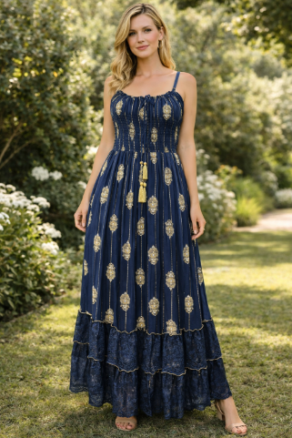 26432 Boho Smocked Maxi Dress with Gold Print – Adjustable Strap Summer Dress (Assorted Colors)