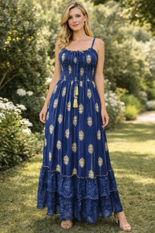 26432 Boho Smocked Maxi Dress with Gold Print – Adjustable Strap Summer Dress (Assorted Colors)