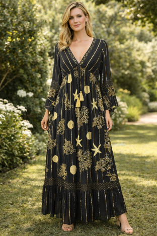 26433- Boho Maxi Dress with Gold Print & Tie Wais
