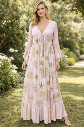 26433- Boho Maxi Dress with Gold Print & Tie Wais