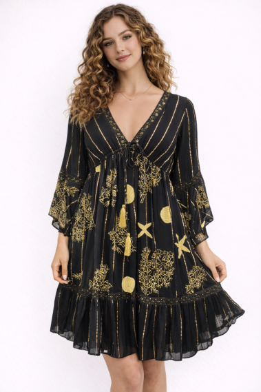 26461 Boho Embroidered Mini Dress with Gold Details – Rayon