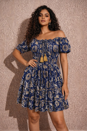 26468 Off-Shoulder Smocked Rayon Mini Dress with Tassel Tie