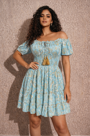 26468 Off-Shoulder Smocked Rayon Mini Dress with Tassel Tie