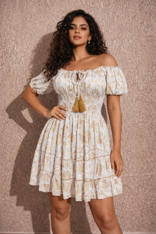 26468 Off-Shoulder Smocked Rayon Mini Dress with Tassel Tie