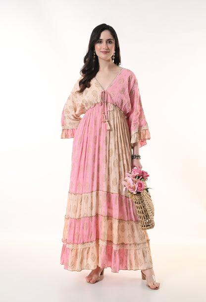 26413  Bohemian Tiered Maxi Dress with Gold Foil Print – Elegant Summer Resort Dress