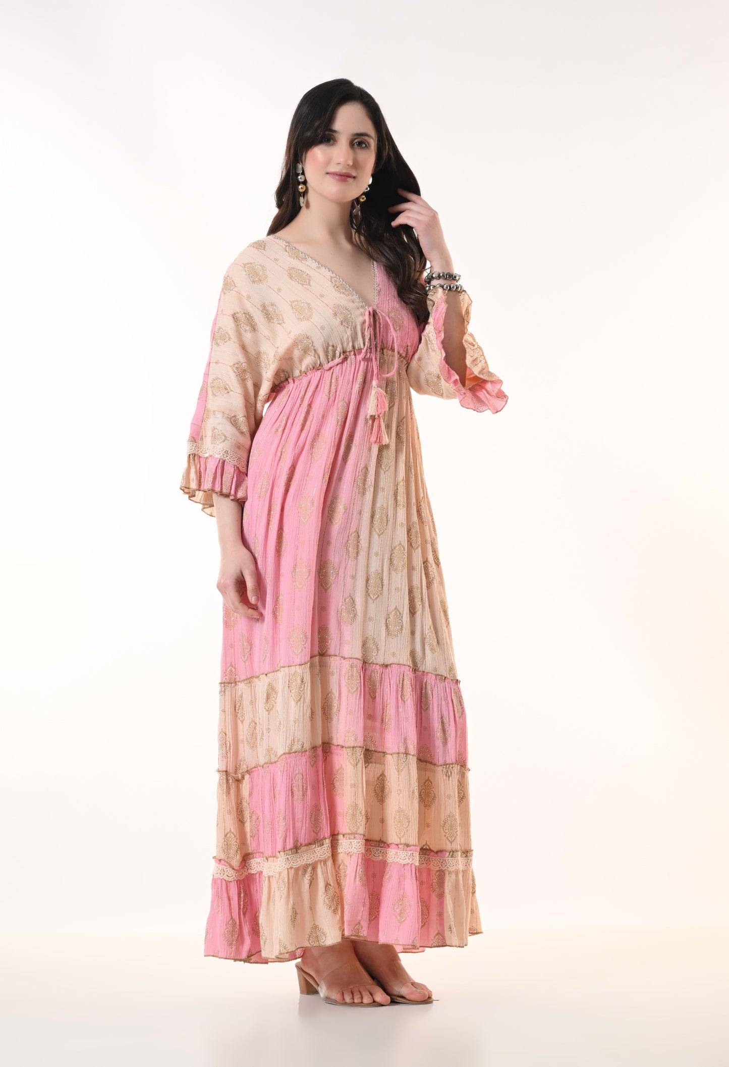 26413  Bohemian Tiered Maxi Dress with Gold Foil Print – Elegant Summer Resort Dress