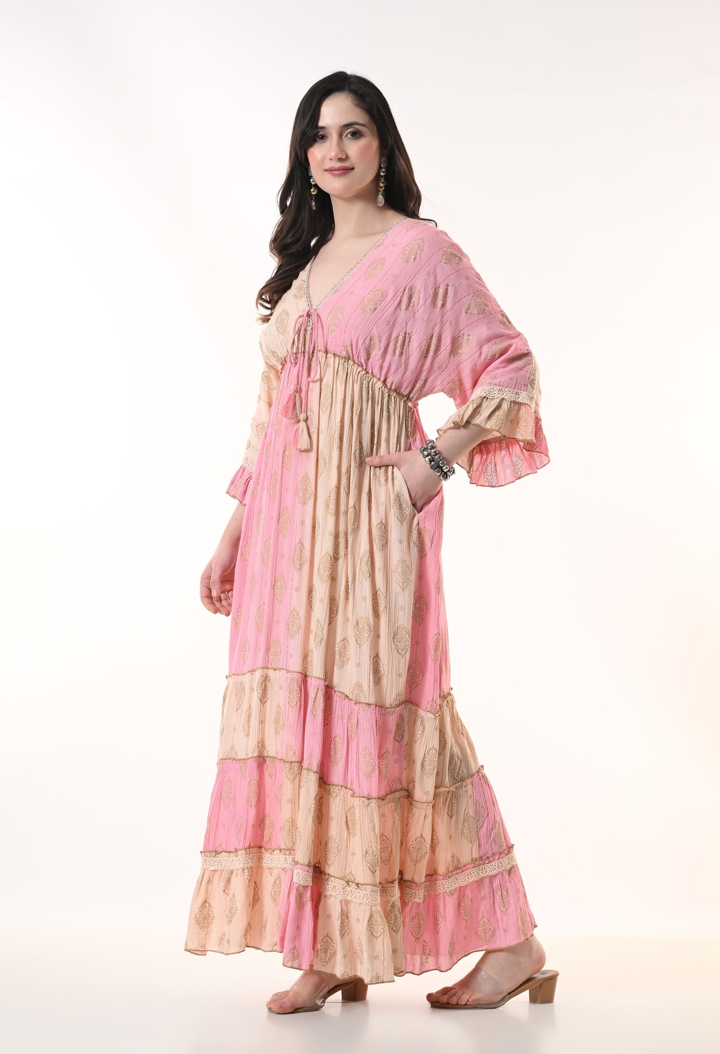 26413  Bohemian Tiered Maxi Dress with Gold Foil Print – Elegant Summer Resort Dress