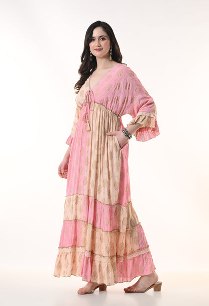 26413  Bohemian Tiered Maxi Dress with Gold Foil Print – Elegant Summer Resort Dress