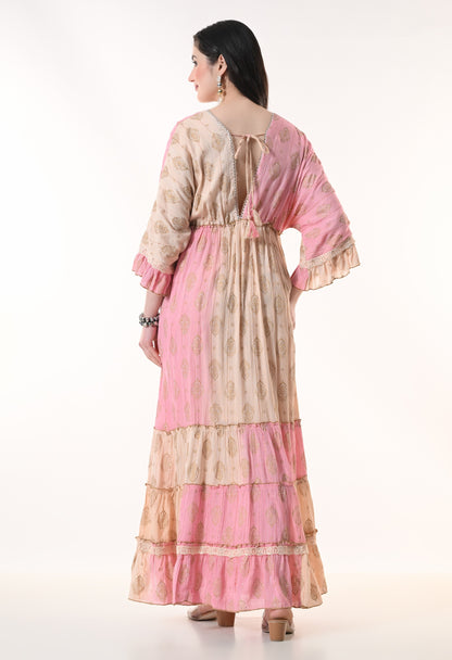 26413  Bohemian Tiered Maxi Dress with Gold Foil Print – Elegant Summer Resort Dress