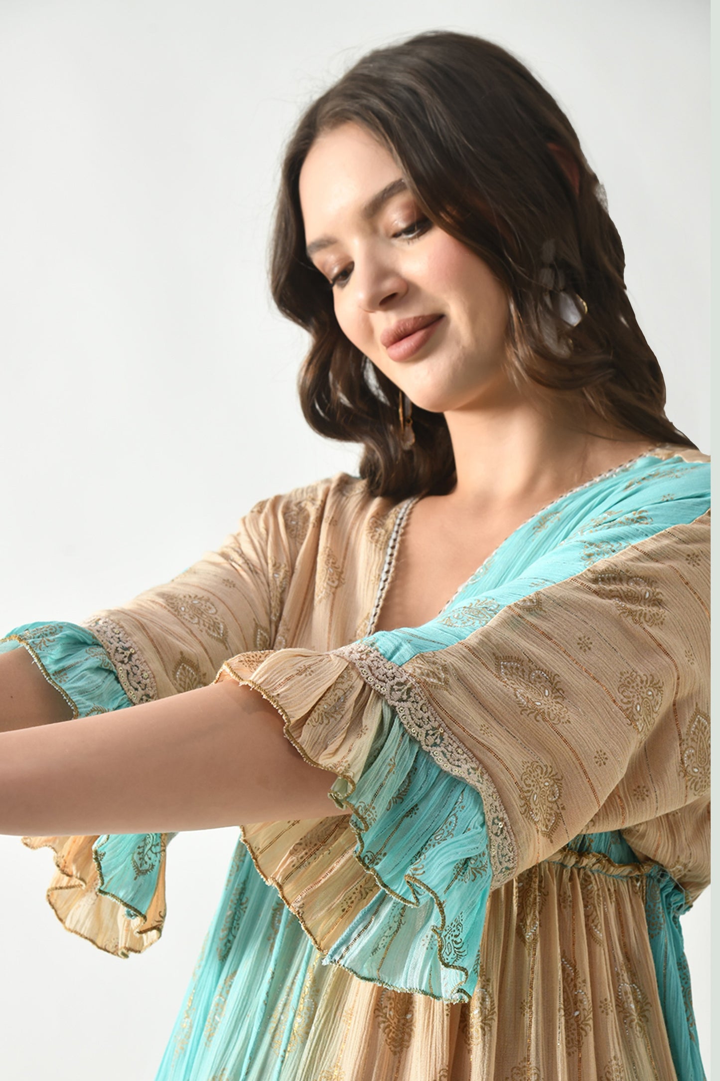 26413  Bohemian Tiered Maxi Dress with Gold Foil Print – Elegant Summer Resort Dress