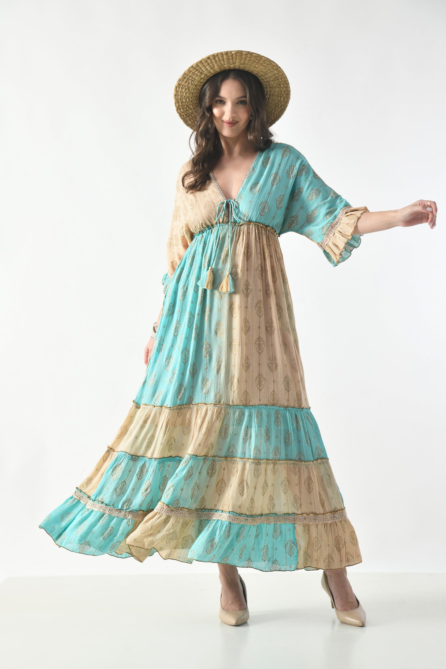 26413  Bohemian Tiered Maxi Dress with Gold Foil Print – Elegant Summer Resort Dress