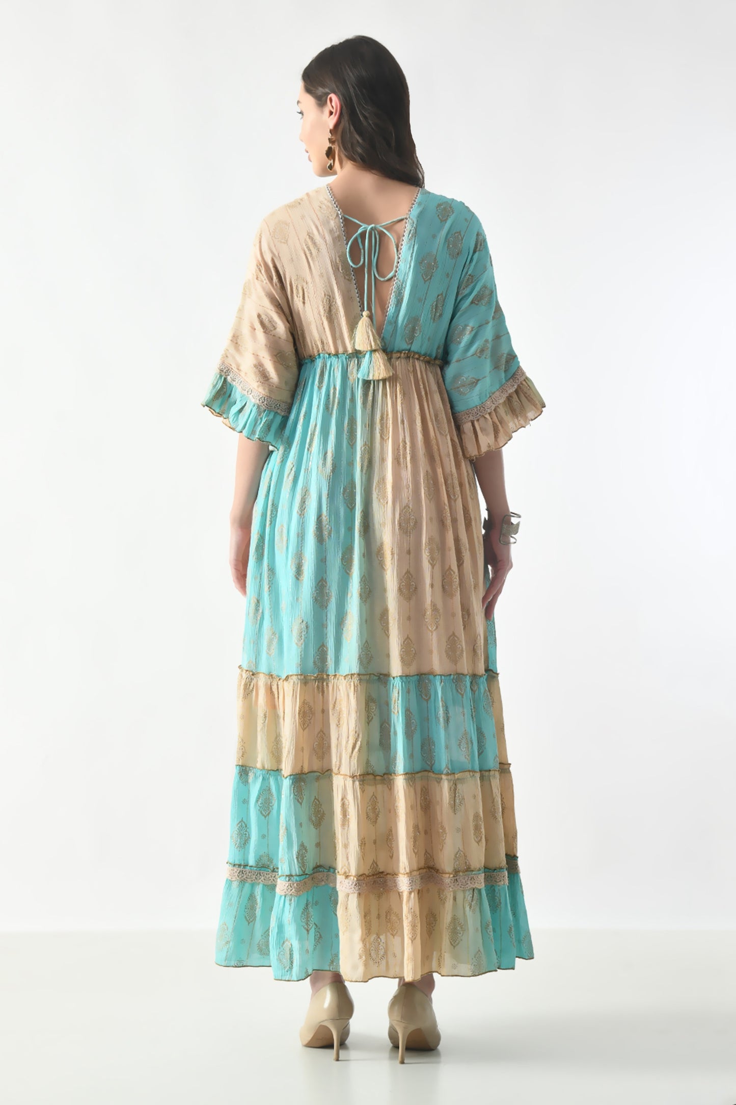 26413  Bohemian Tiered Maxi Dress with Gold Foil Print – Elegant Summer Resort Dress