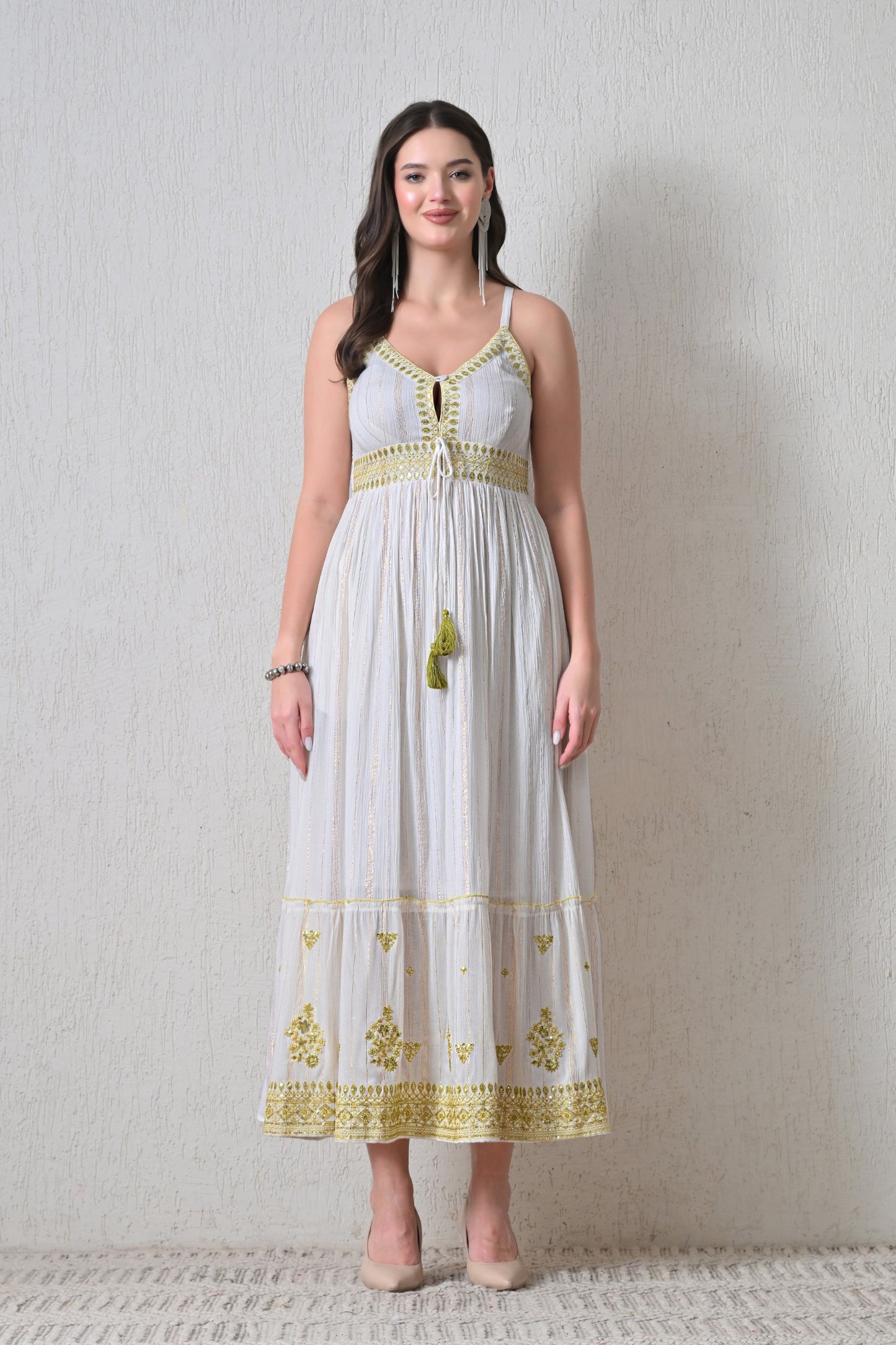 26416 Embroidered Cotton Maxi Dress with Tassel Tie – Boho Summer Dress