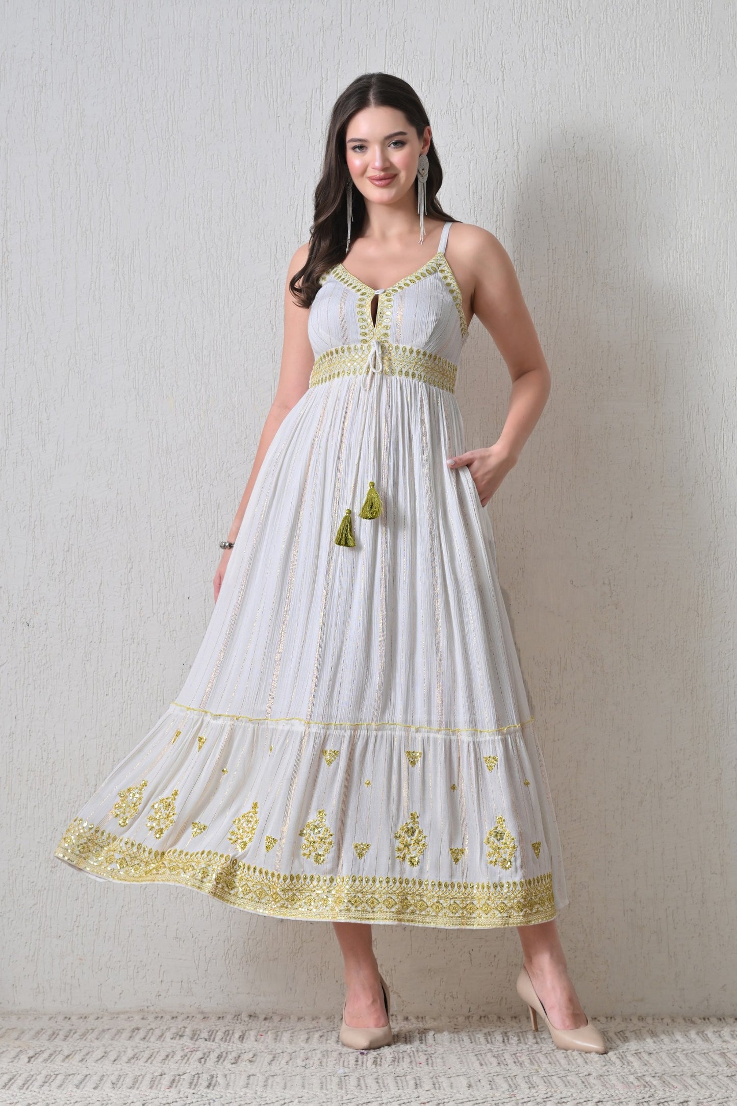 26416 Embroidered Cotton Maxi Dress with Tassel Tie – Boho Summer Dress