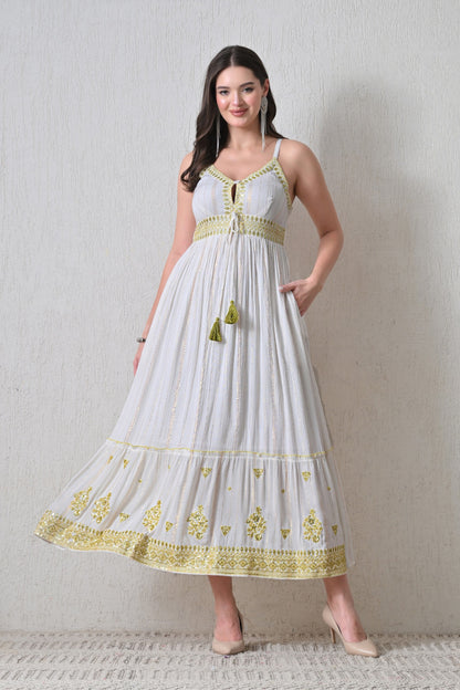 26416 Embroidered Cotton Maxi Dress with Tassel Tie – Boho Summer Dress