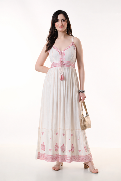 26416 Embroidered Cotton Maxi Dress with Tassel Tie – Boho Summer Dress
