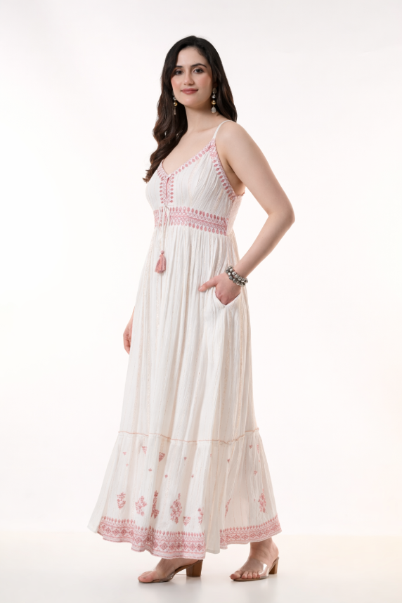 26416 Embroidered Cotton Maxi Dress with Tassel Tie – Boho Summer Dress
