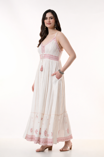26416 Embroidered Cotton Maxi Dress with Tassel Tie – Boho Summer Dress
