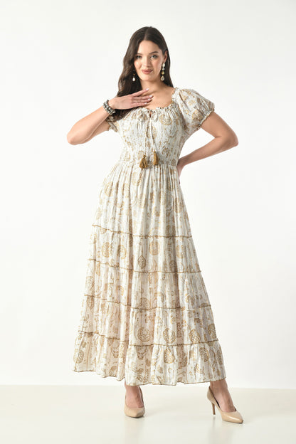26418 Bohemian Paisley Maxi Dress – Smocked Bodice Tiered Long Dress