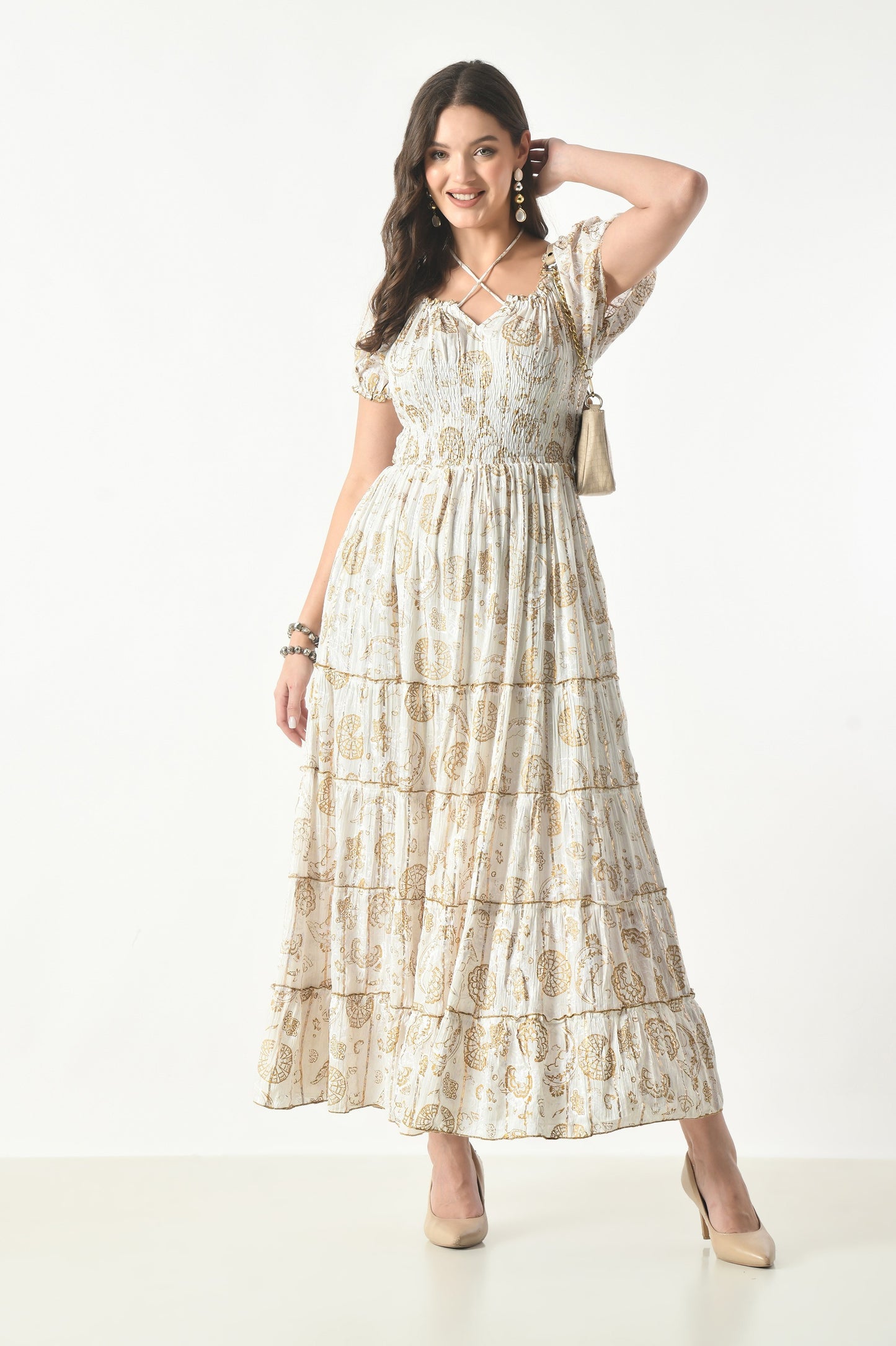 26418 Bohemian Paisley Maxi Dress – Smocked Bodice Tiered Long Dress