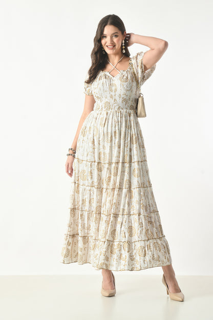 26418 Bohemian Paisley Maxi Dress – Smocked Bodice Tiered Long Dress
