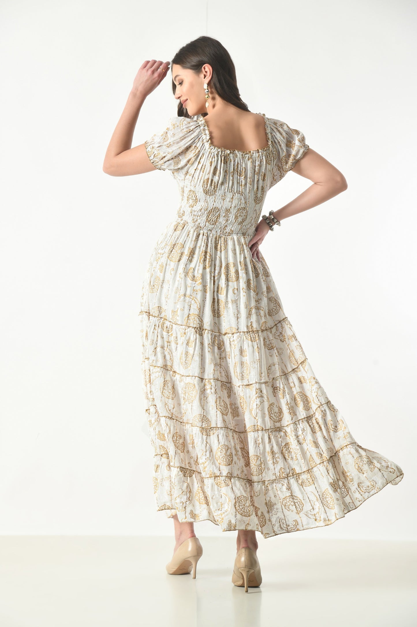 26418 Bohemian Paisley Maxi Dress – Smocked Bodice Tiered Long Dress