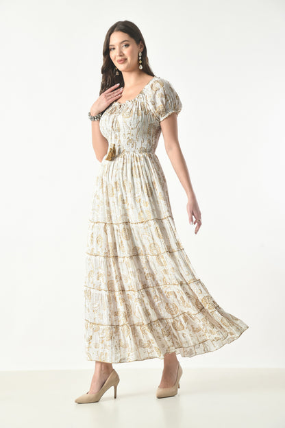 26418 Bohemian Paisley Maxi Dress – Smocked Bodice Tiered Long Dress