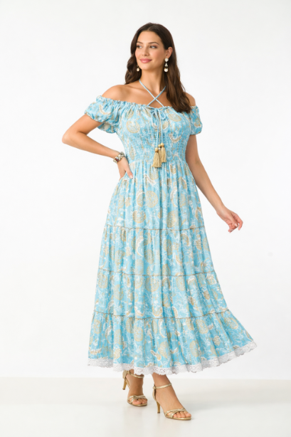 26418 Bohemian Paisley Maxi Dress – Smocked Bodice Tiered Long Dress