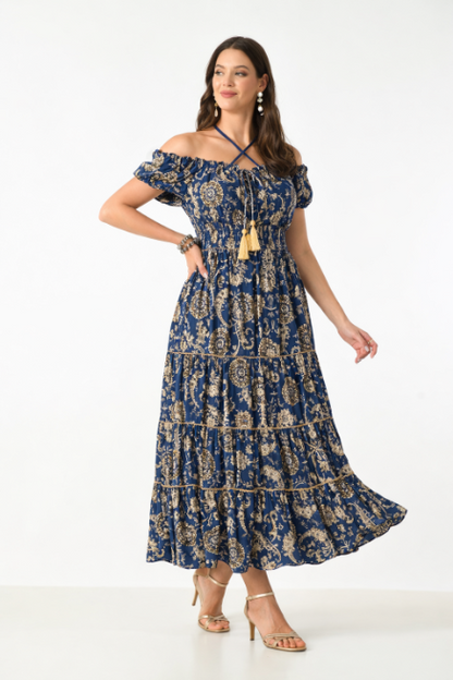 26418 Bohemian Paisley Maxi Dress – Smocked Bodice Tiered Long Dress