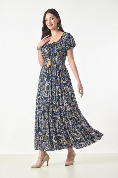 26418 Bohemian Paisley Maxi Dress – Smocked Bodice Tiered Long Dress