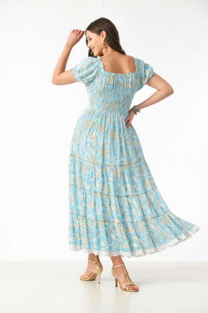 26418 Bohemian Paisley Maxi Dress – Smocked Bodice Tiered Long Dress