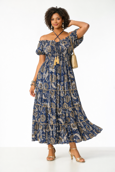 26418 Bohemian Paisley Maxi Dress – Smocked Bodice Tiered Long Dress